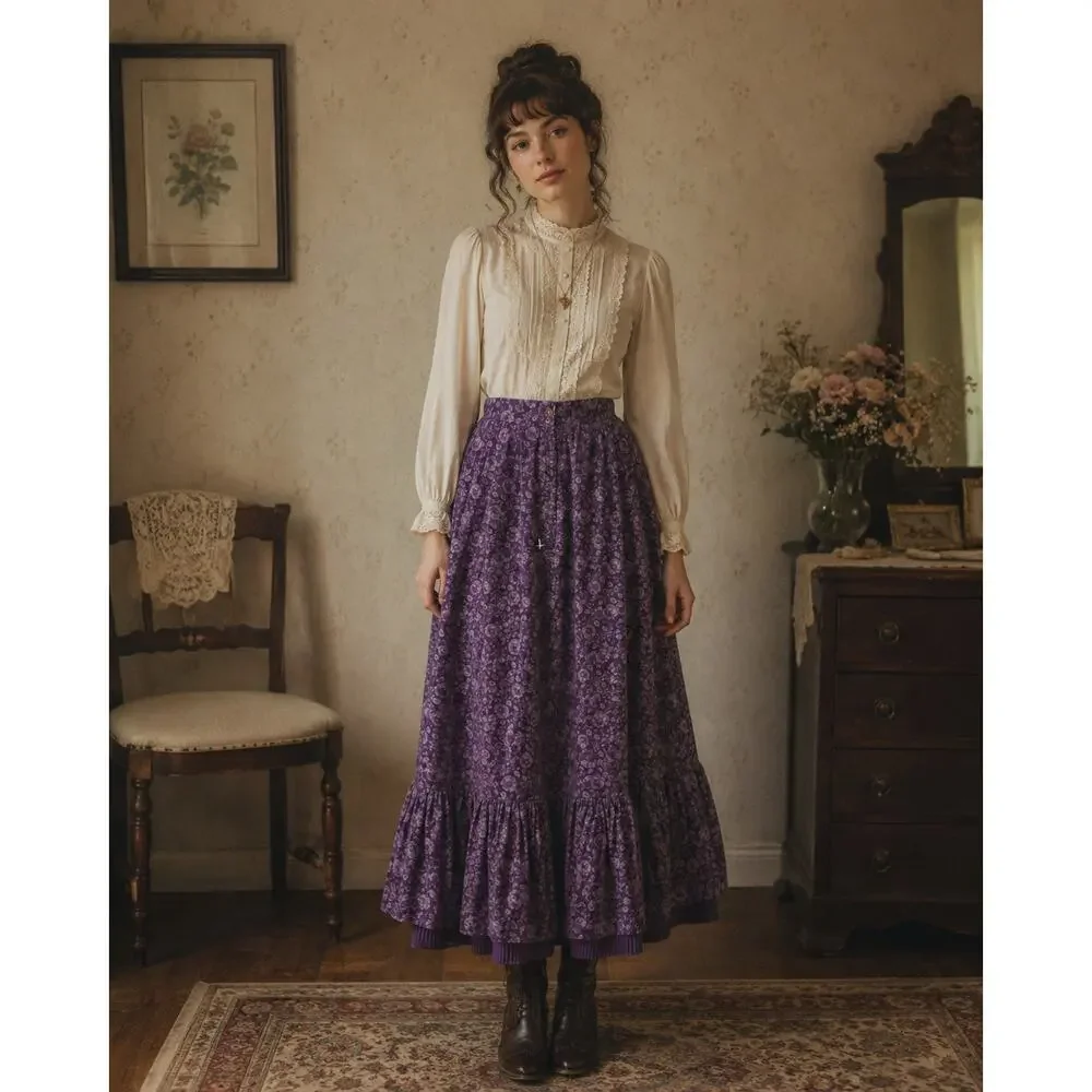Gunnies Gunne Sax Vintage Skirt Floral Purple Ruffle Hem Prairie Cottagecore - Picture 3 of 13